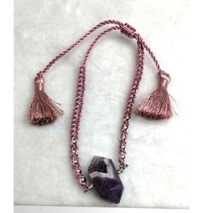 Chevron Amethyst Crystal Point Tassel Bracelet Pink Cord Adjustable Boho Jewelry